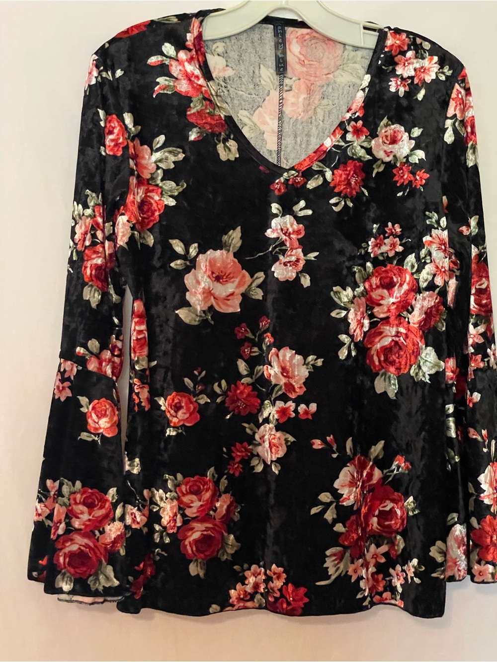 Ashley Blue Black Floral Velvet V-Neck Long Sleeve Blouse